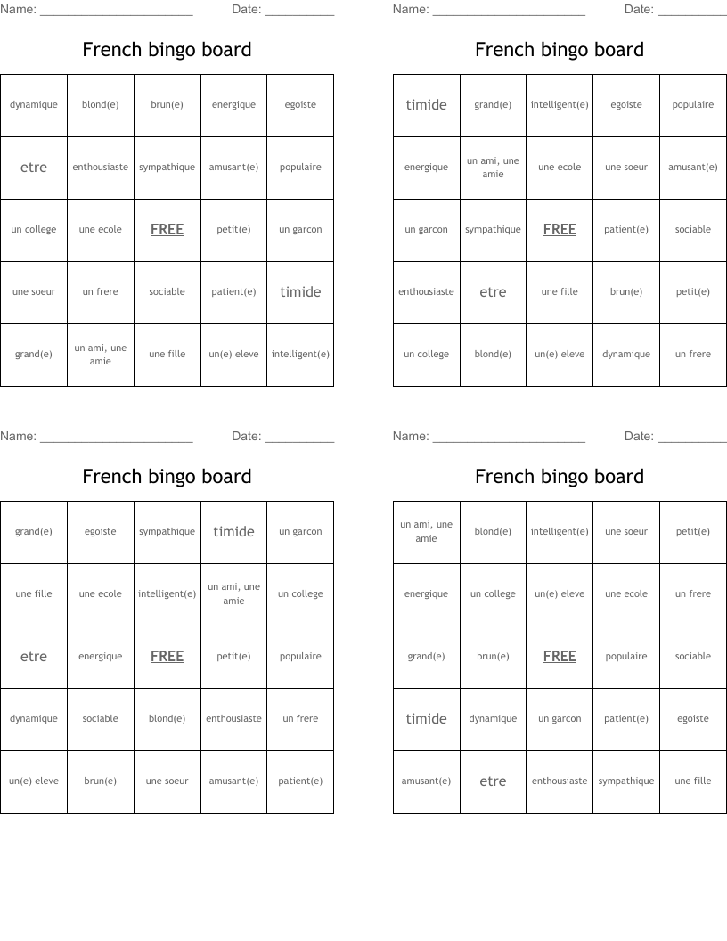 French bingo board