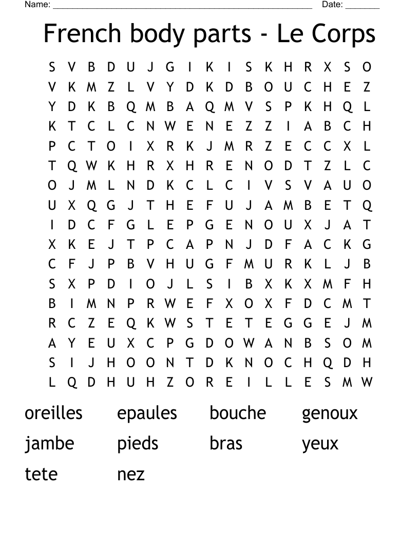 French body parts - Le Corps Word Search