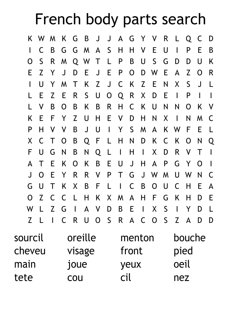 French body parts search Word Search