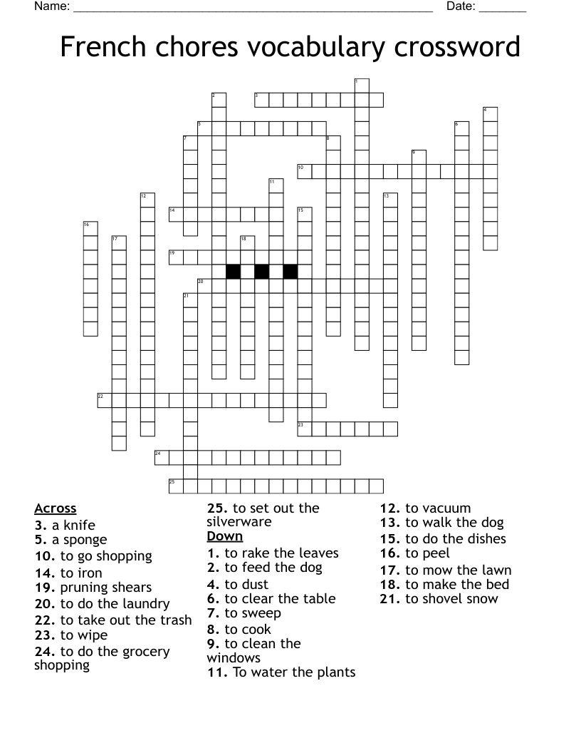 French chores vocabulary crossword