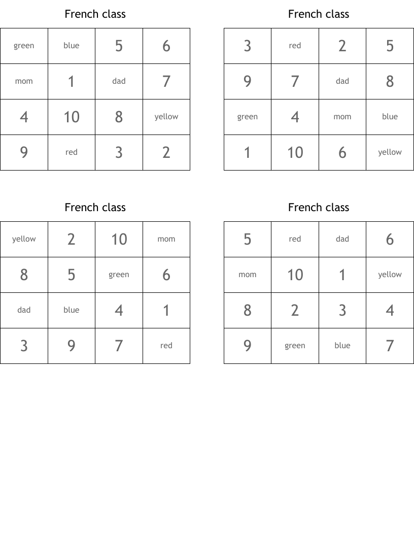French class Bingo Cards