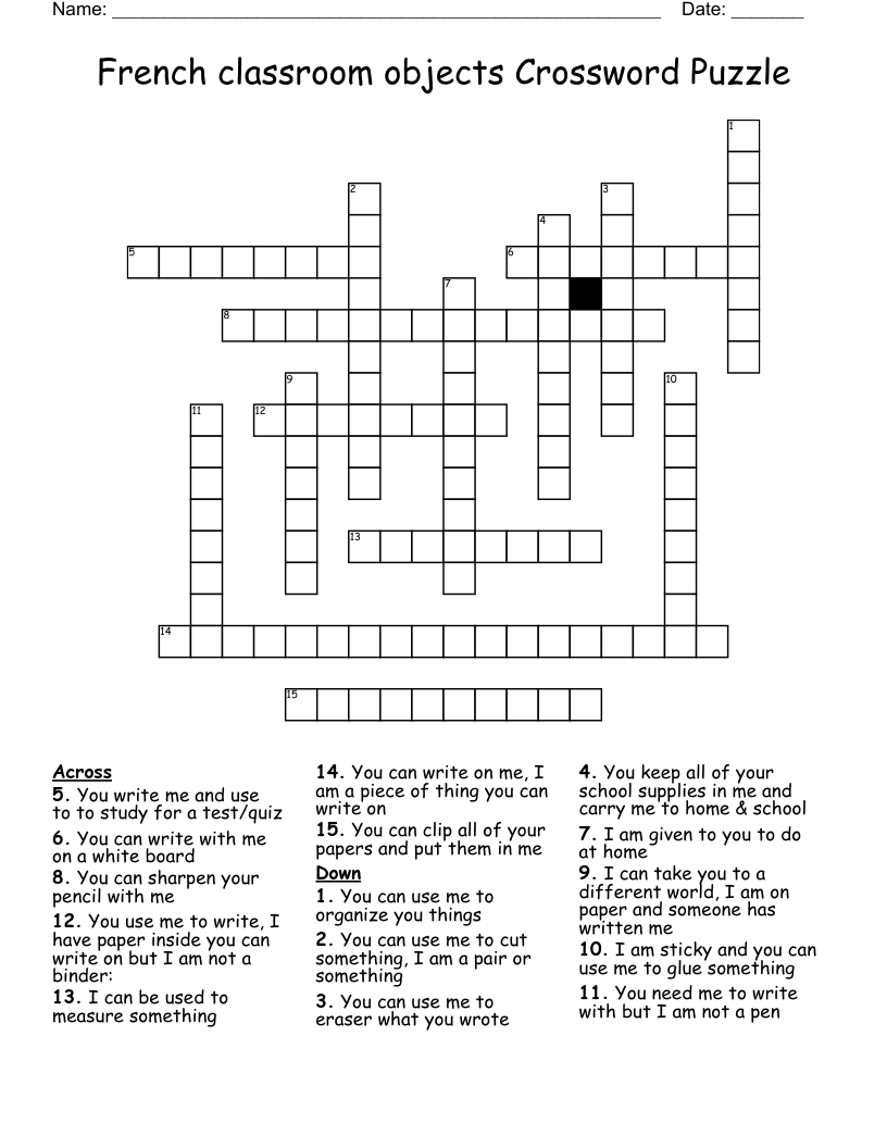 French classroom objects Crossword Puzzle 