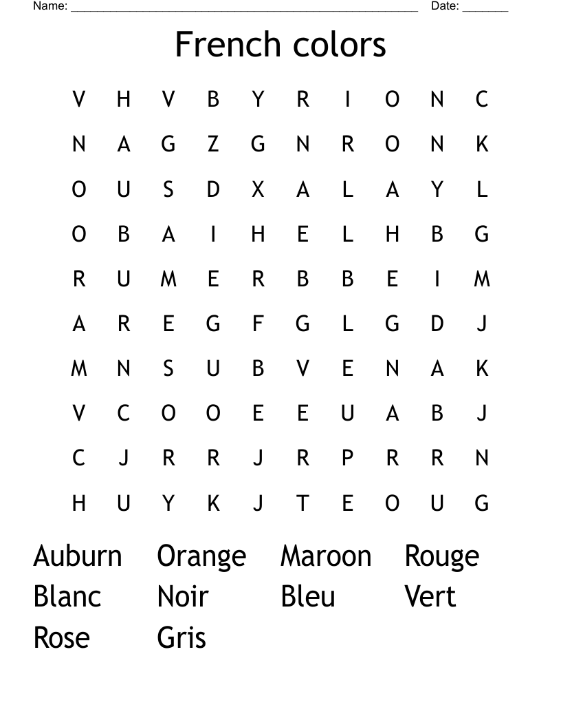French colors Word Search