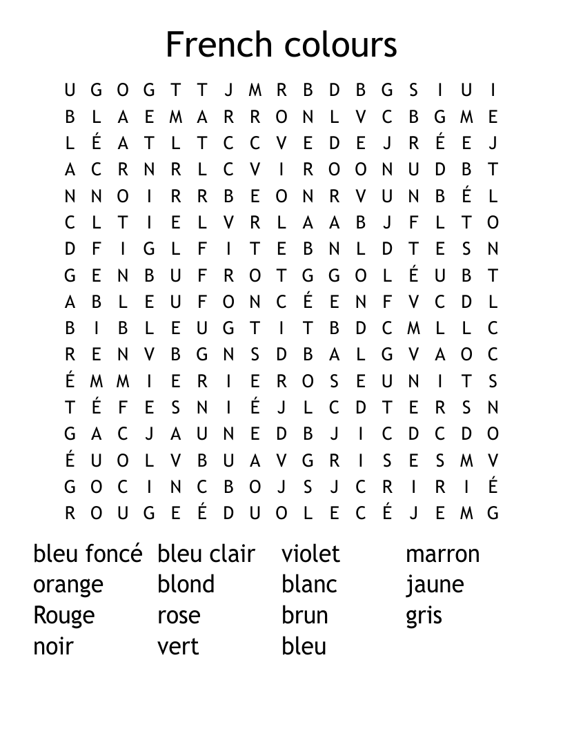 French colours Word Search