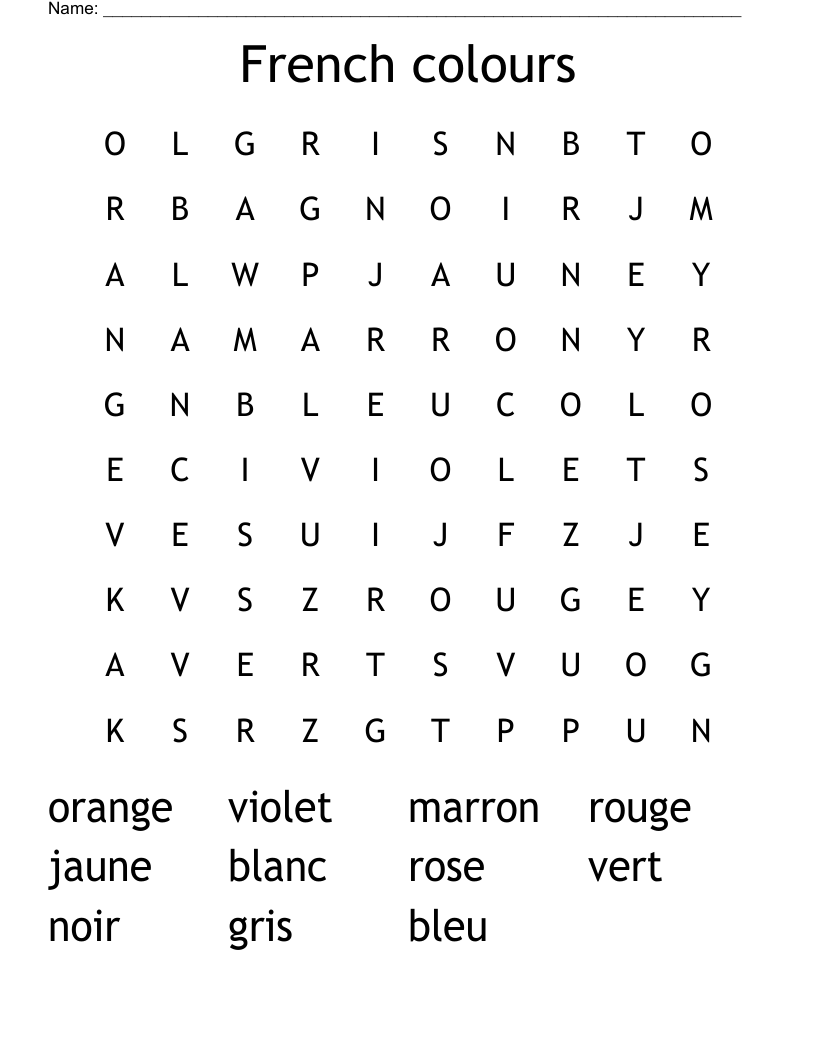 French colours Word Search