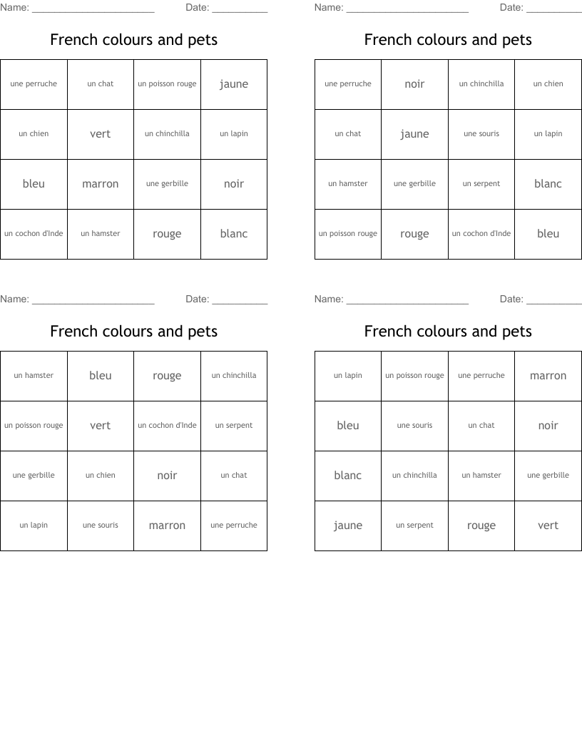 French colours and pets  Bingo Cards