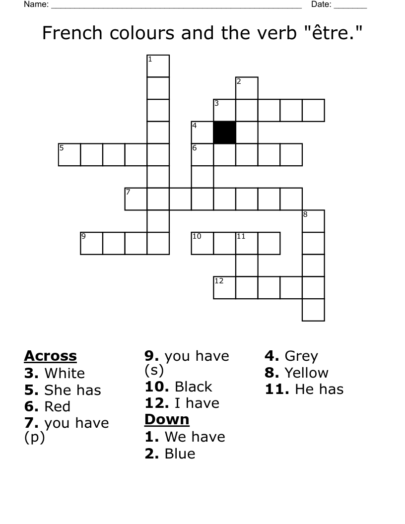 French colours and the verb "être." Crossword