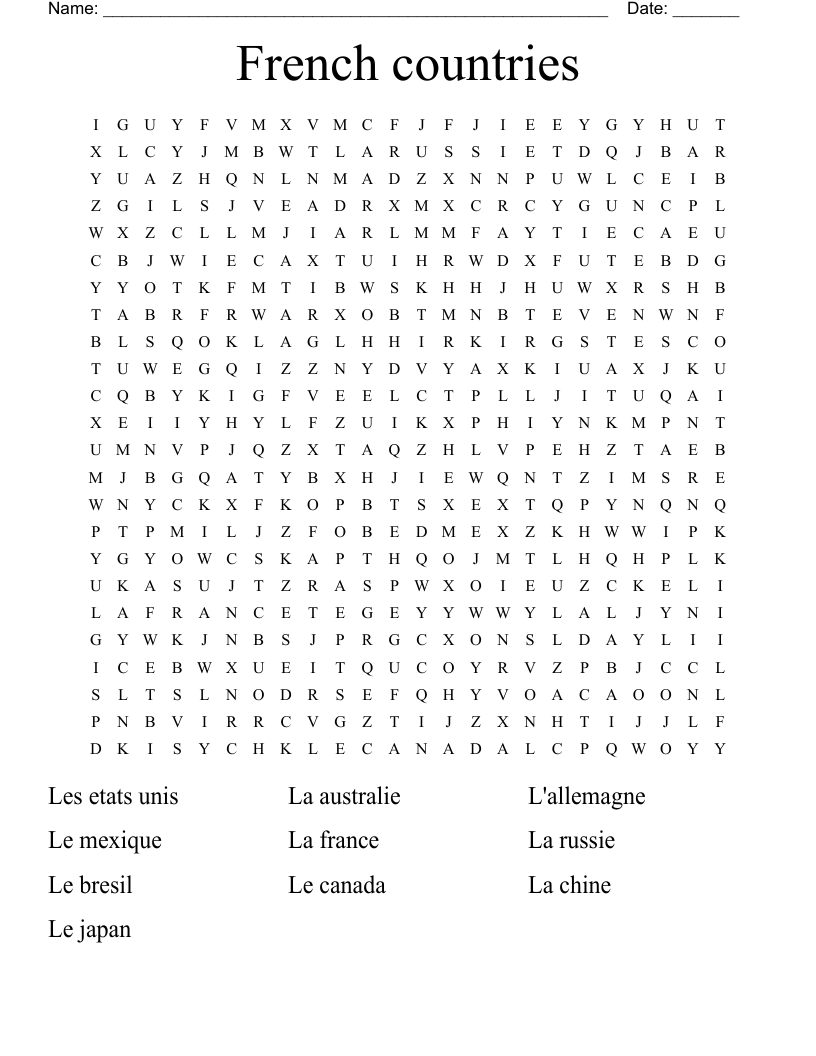 French countries Word Search