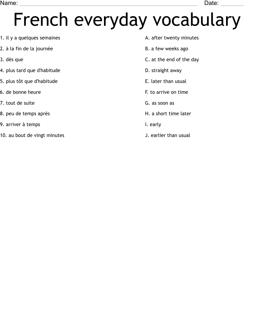 French everyday vocabulary Worksheet