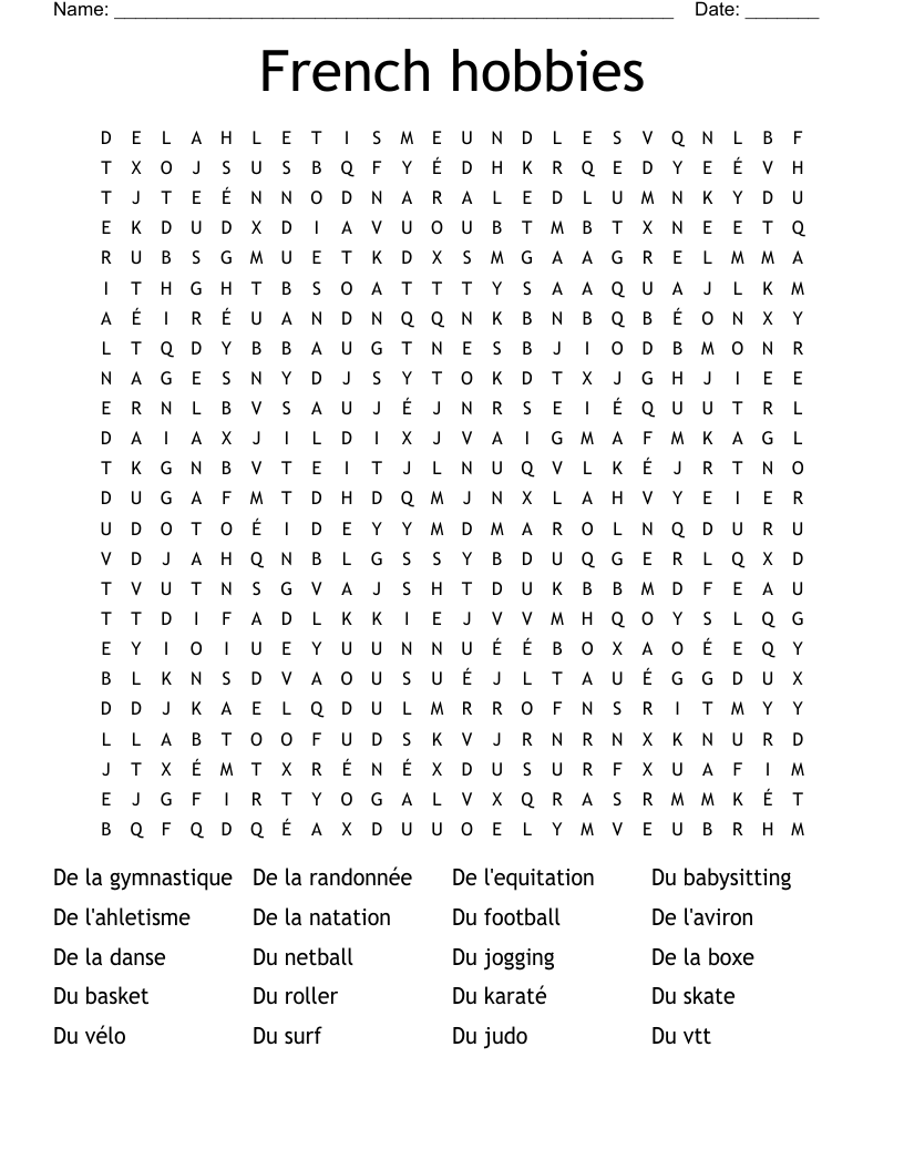 French hobbies  Word Search