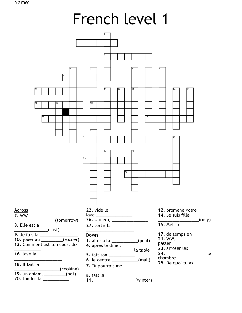 French level 1 Crossword