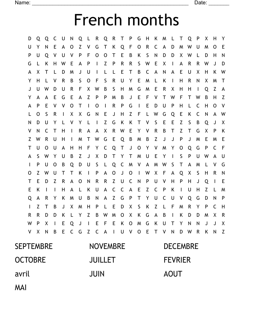 French months Word Search