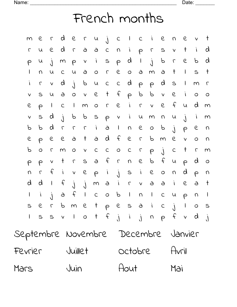 French months Word Search