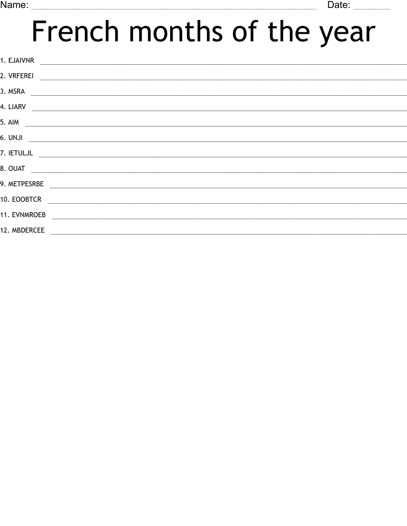 French months of the year Word Scramble