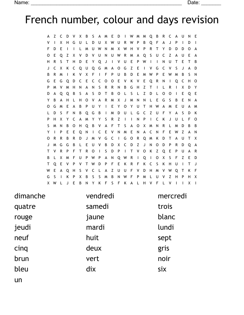 French number, colour and days revision Word Search