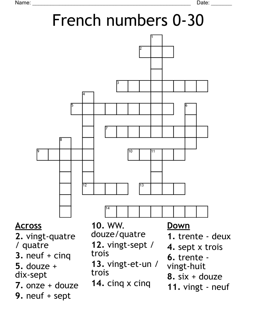 French numbers 0-30 Crossword