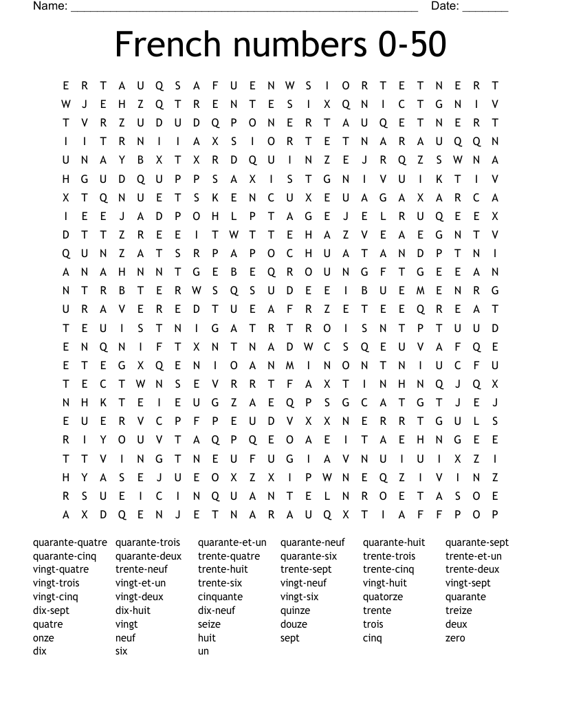 French numbers 0-50 Word Search