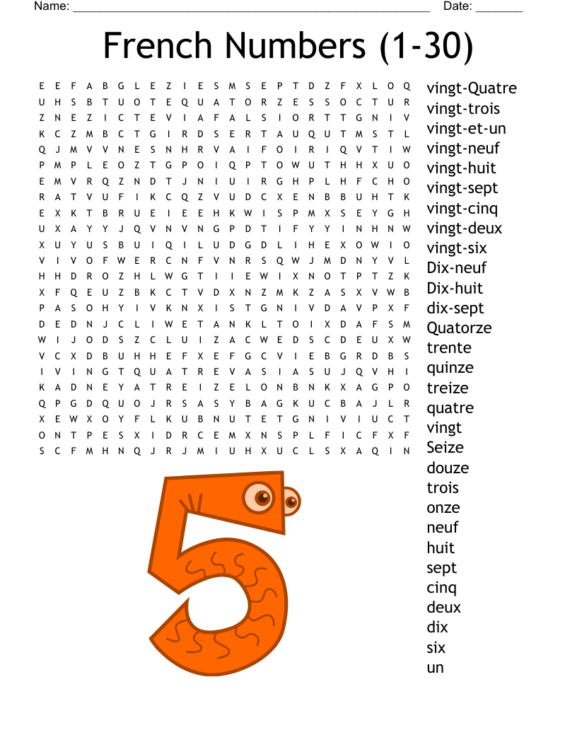 French Numbers (1-30) Word Search