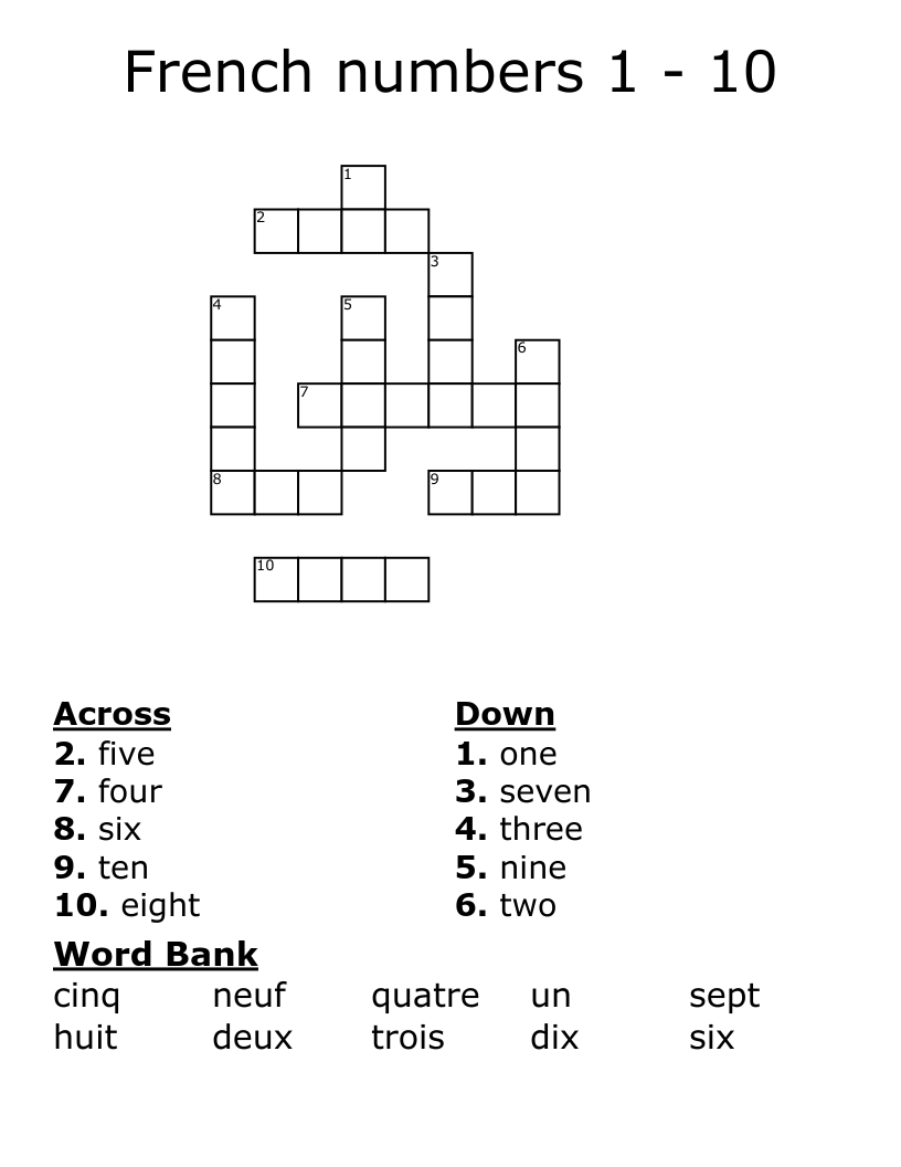 French numbers 1 - 10 Crossword