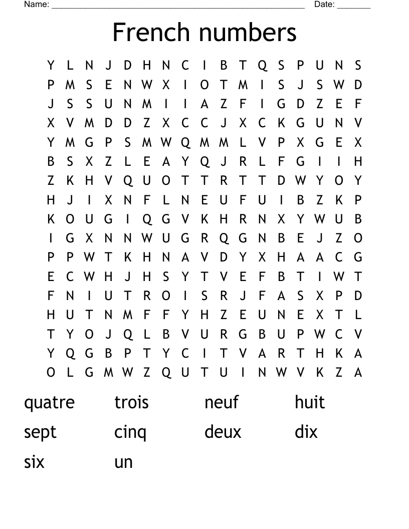 French numbers Word Search