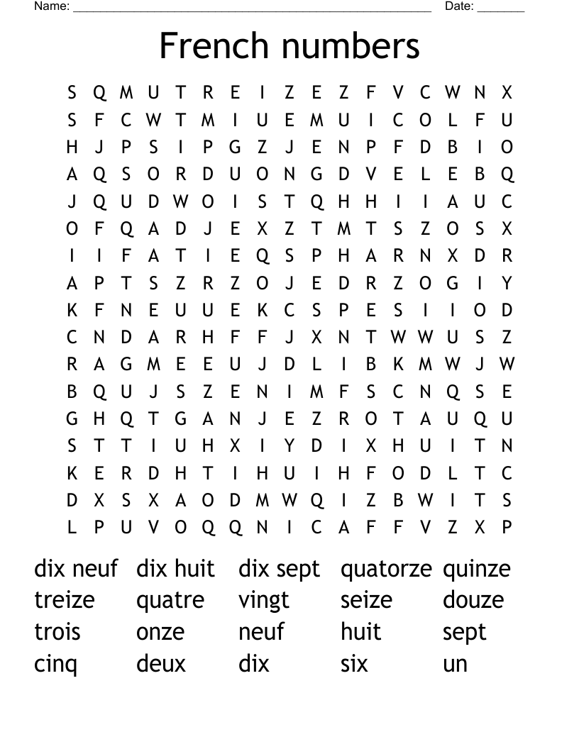 French numbers Word Search