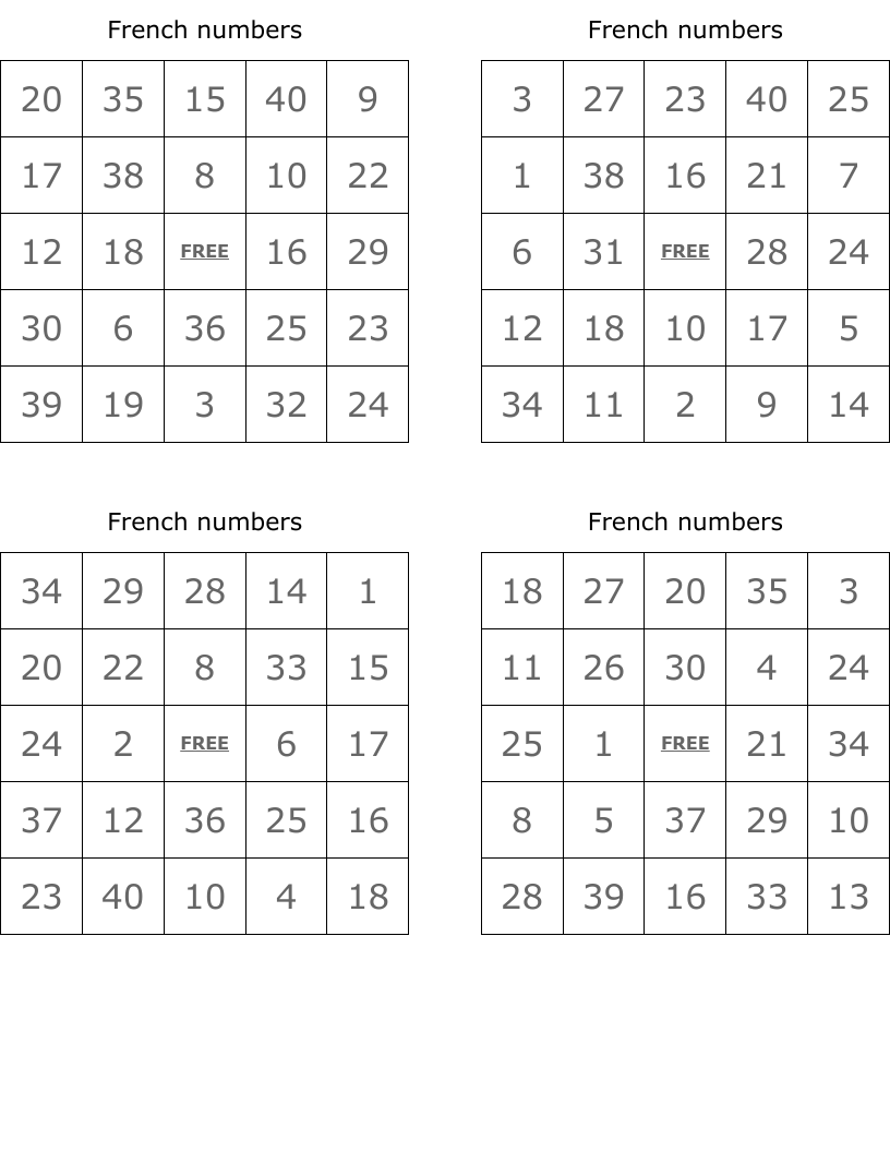 French numbers Bingo Cards