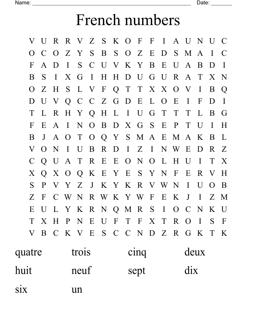 French numbers  Word Search