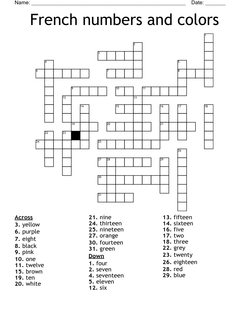 French numbers and colors Crossword