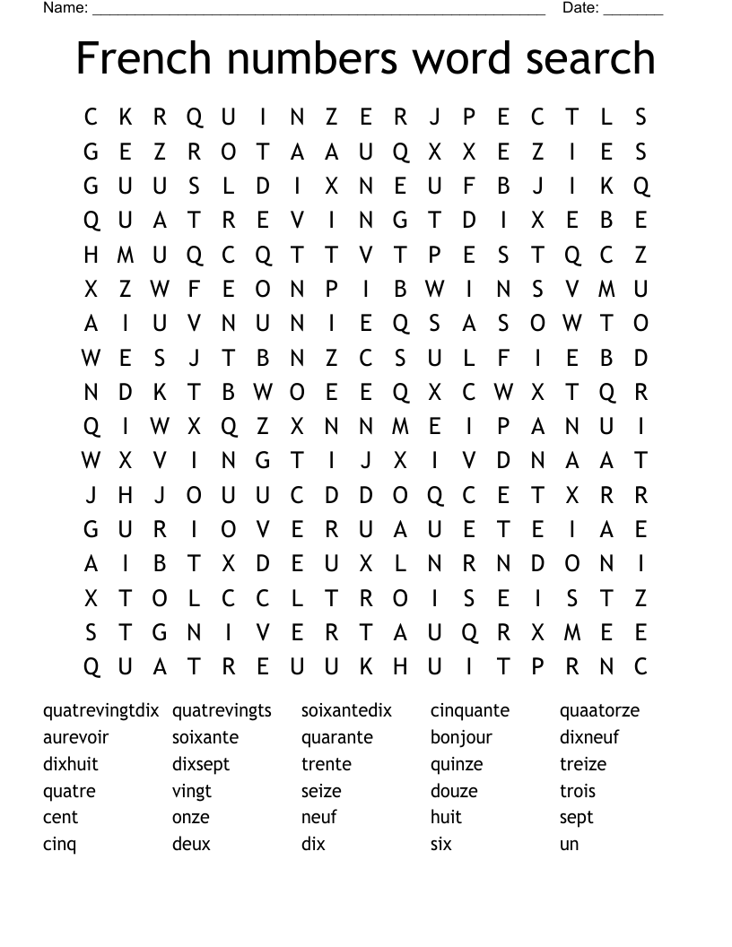 French numbers word search