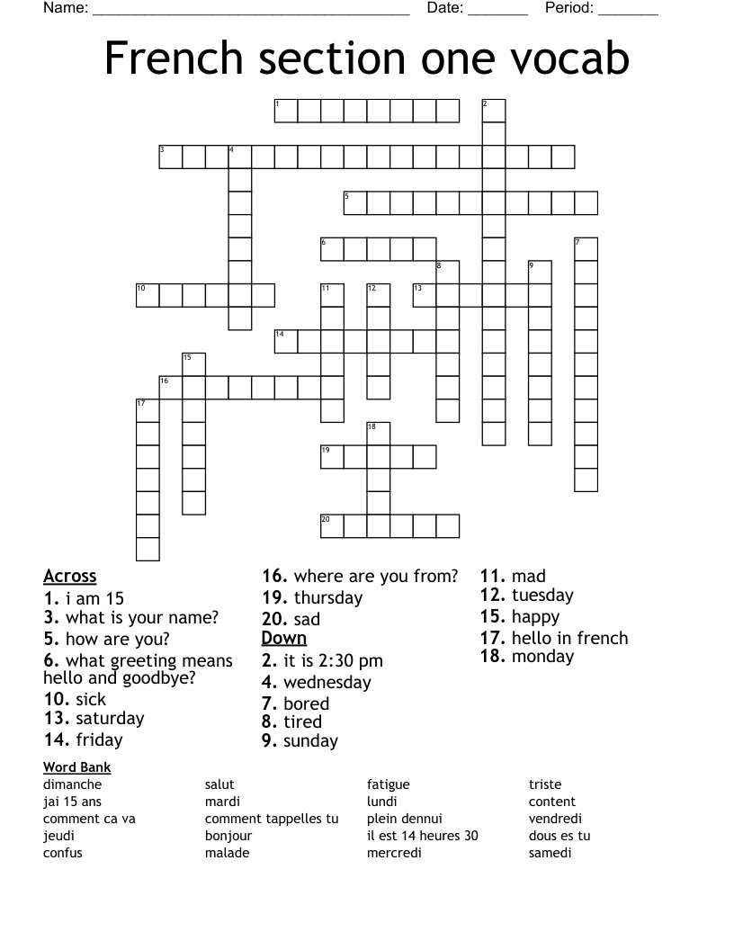 French section one vocab Crossword