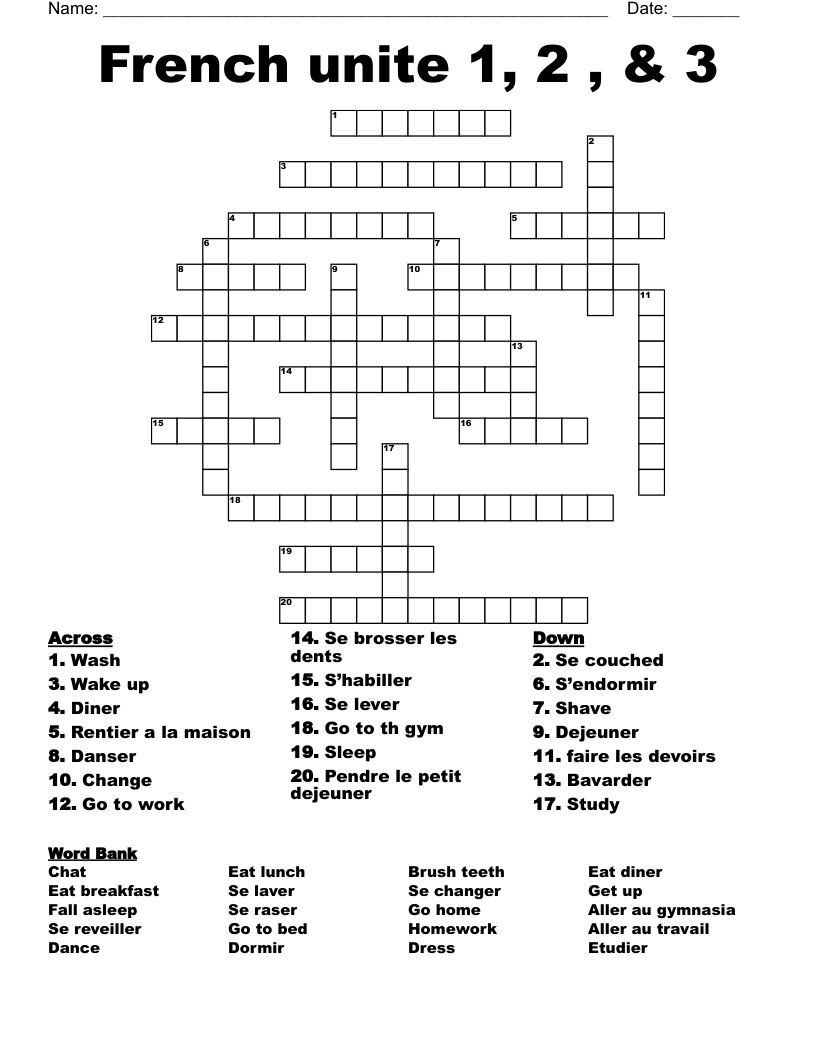 French unite 1, 2 , & 3 Crossword