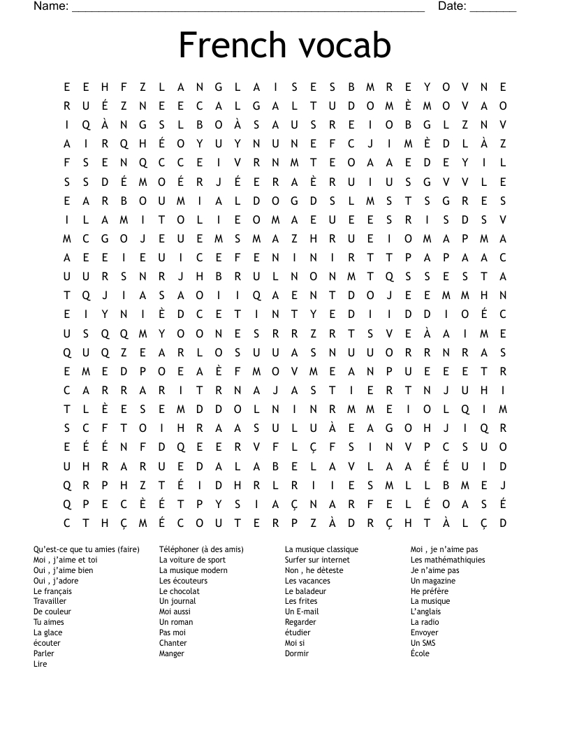 French vocab Word Search
