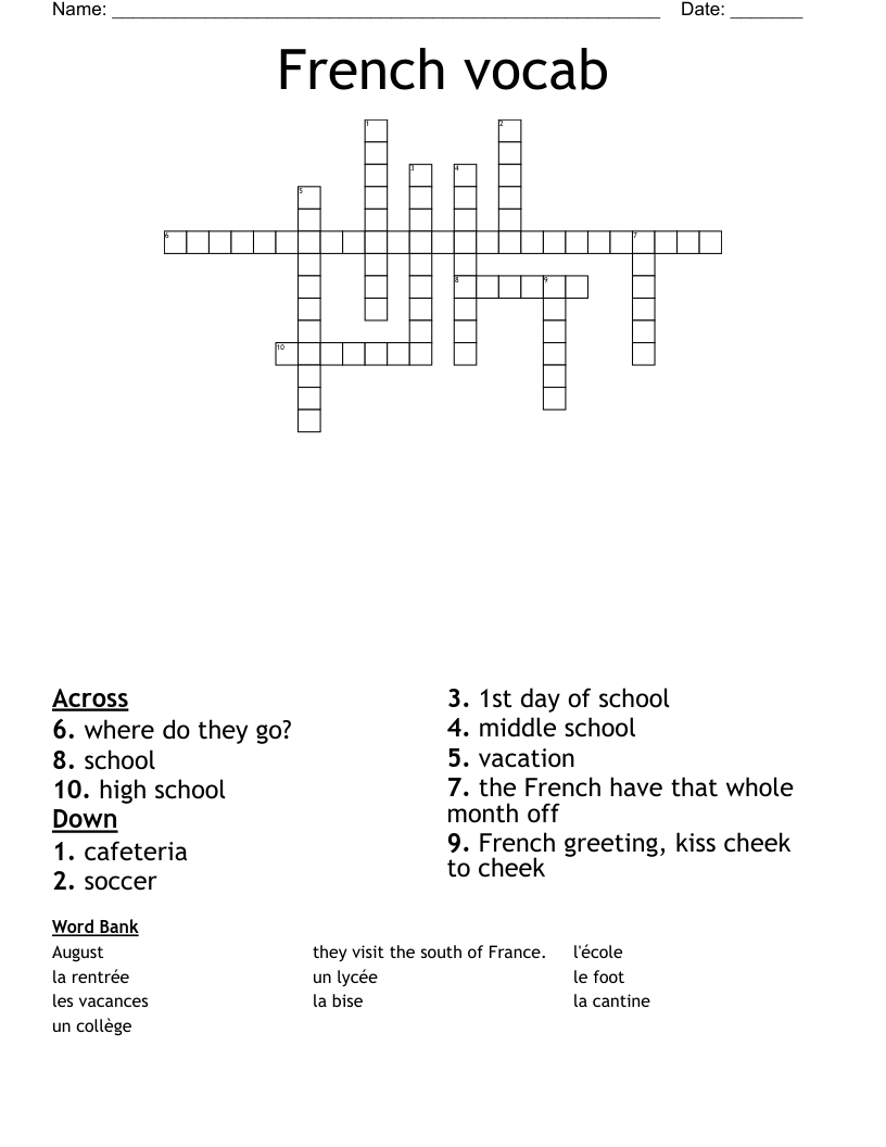 French vocab Crossword