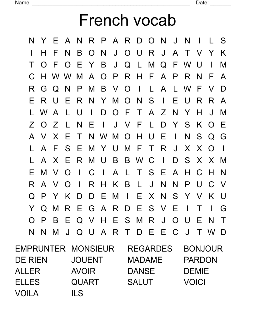 French vocab Word Search