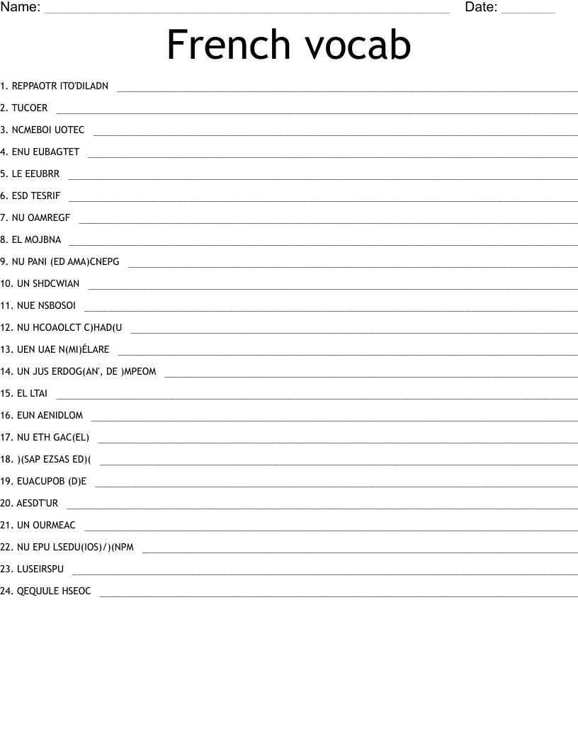 French vocab Word Scramble