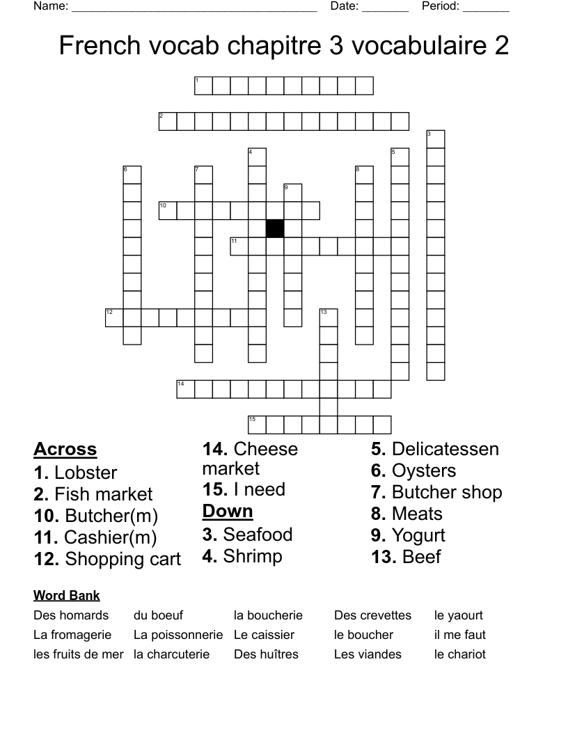 French vocab chapitre 3 vocabulaire 2 Crossword