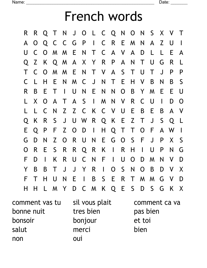 French words Word Search