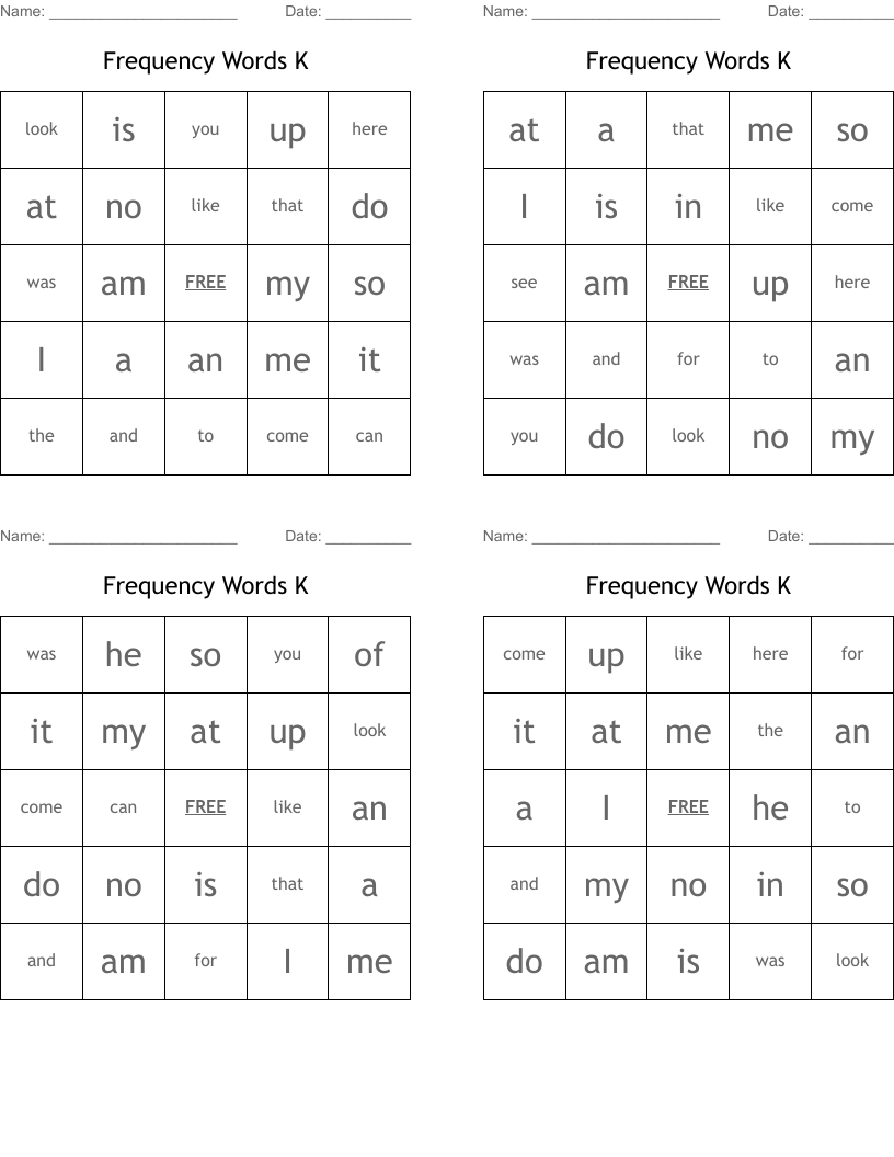 Frequency Words K Bingo Cards