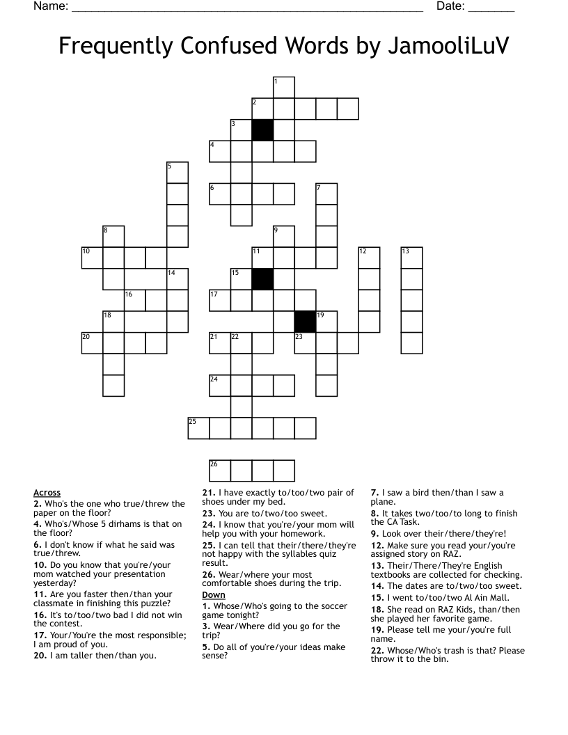 Frequently Confused Words by JamooliLuV Crossword