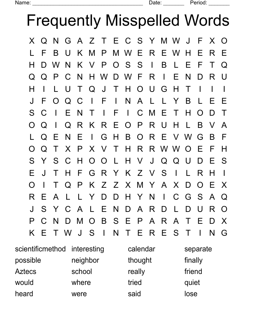 Frequently Misspelled Words Word Search