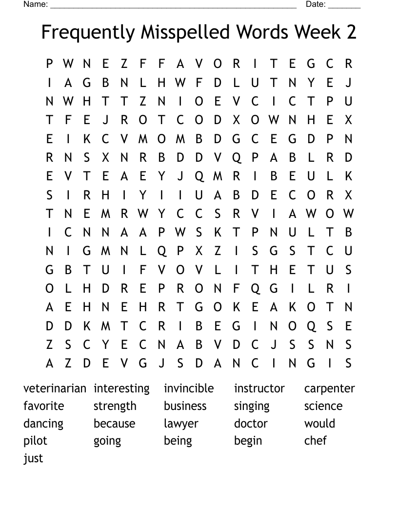 Frequently Misspelled Words Week 2 Word Search