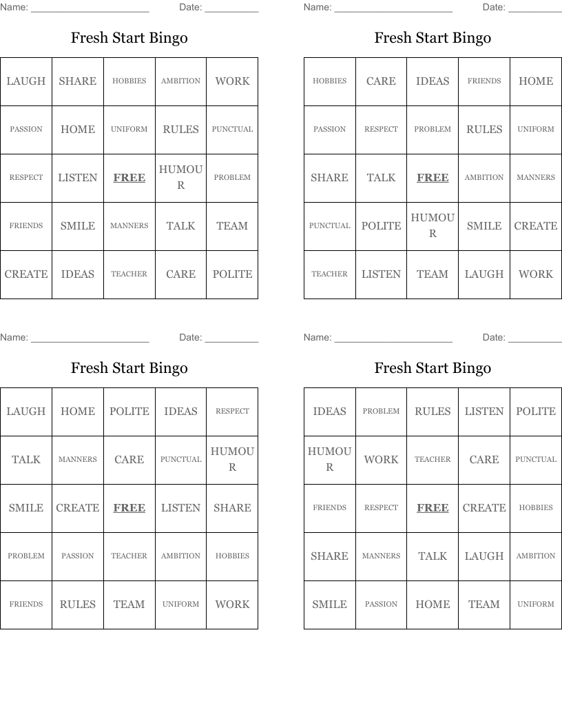 Fresh Start Bingo
