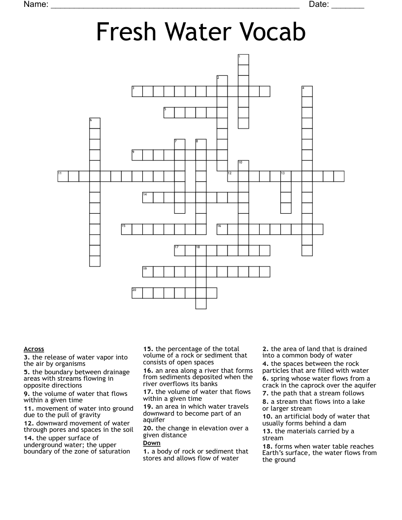 Fresh Water Vocab Crossword