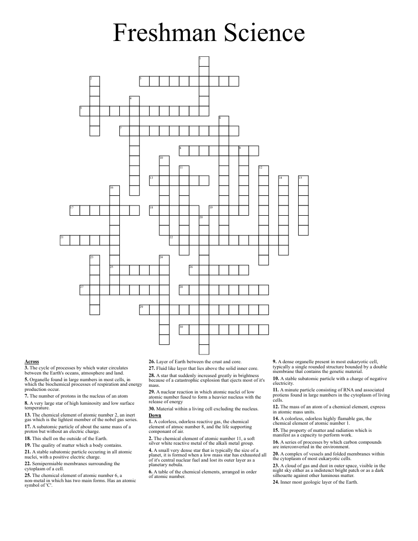 Freshman Science Crossword