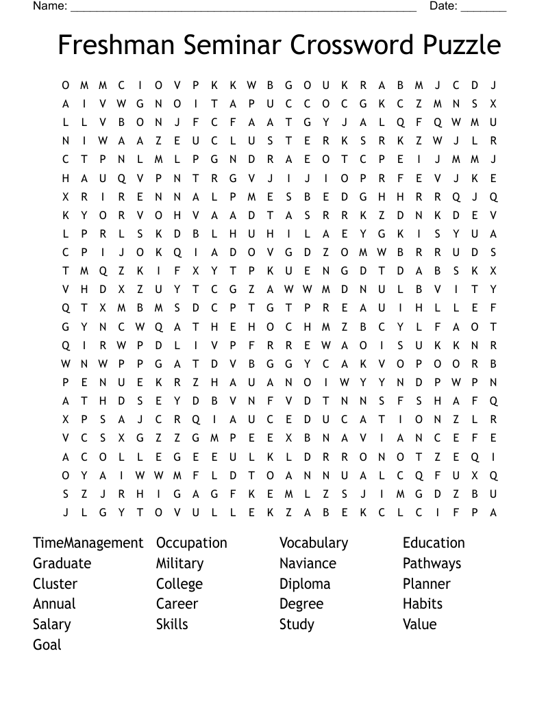 Freshman Seminar Crossword Puzzle Word Search