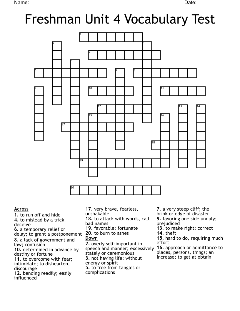 Freshman Unit 4 Vocabulary Test Crossword