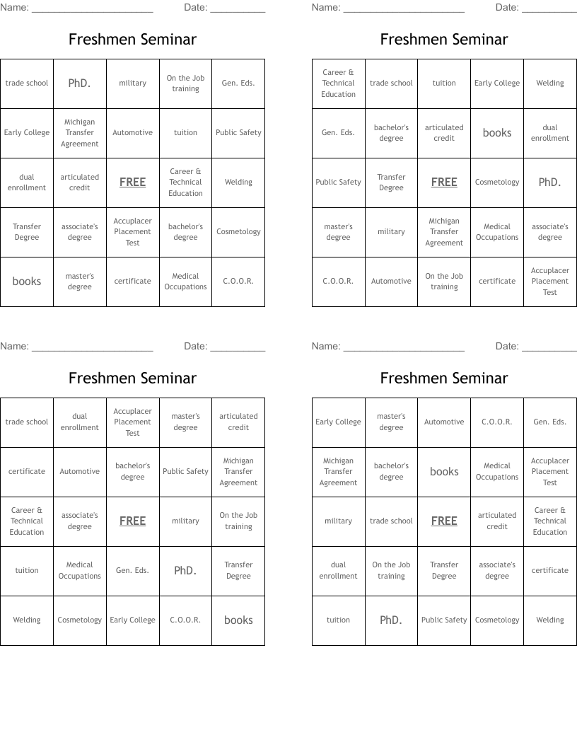 Freshmen Seminar Bingo Cards