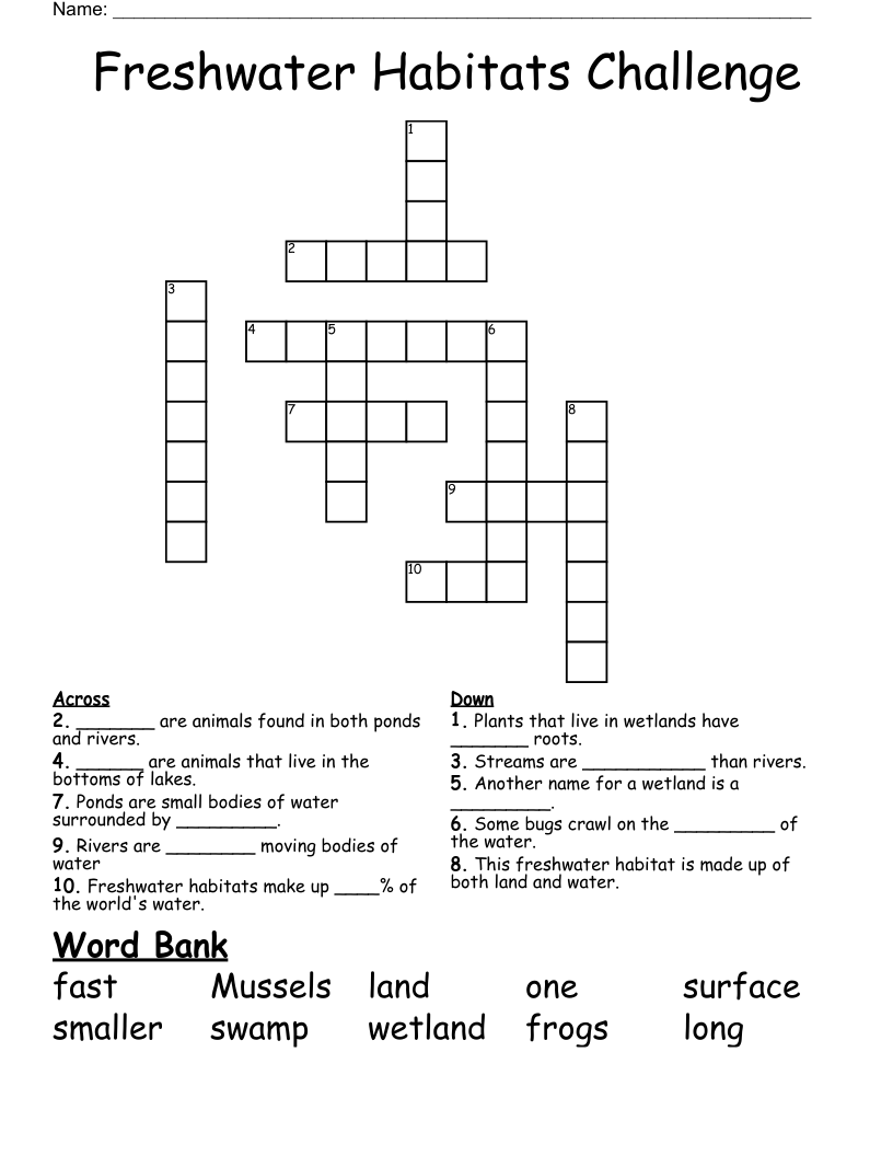 Freshwater Habitats Challenge Crossword