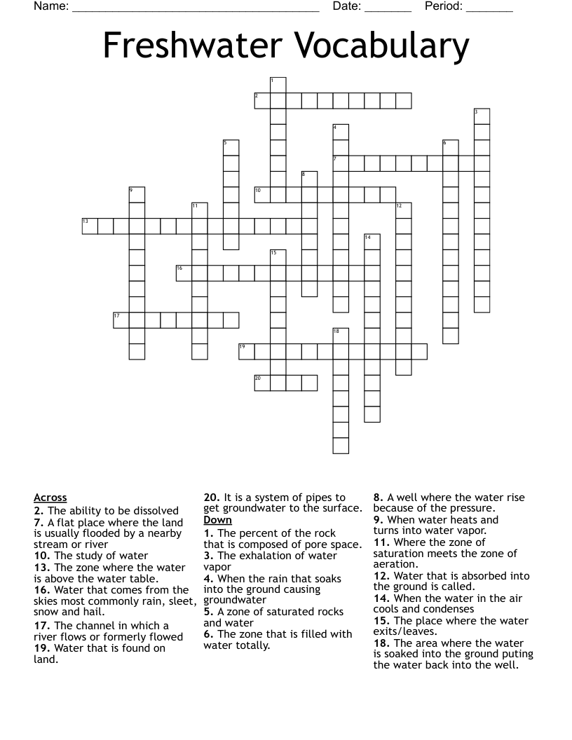 Freshwater Vocabulary Crossword