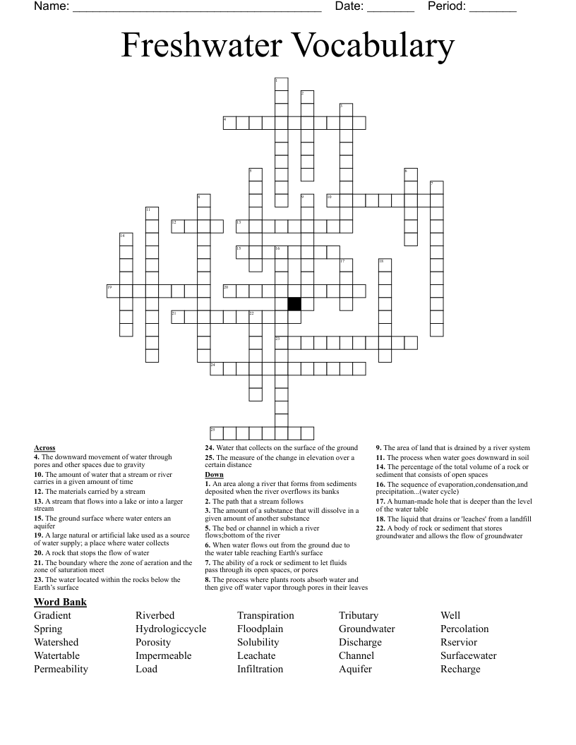 Freshwater Vocabulary Crossword